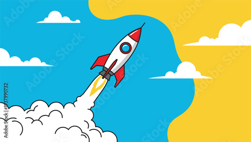 Startup launch and business success concept featuring a rocket ship taking off into a bright blue and yellow sky with clouds and sun.