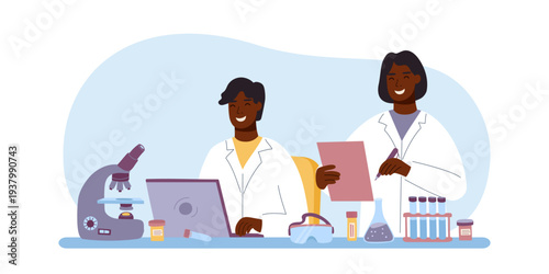 Female and male scientists in the laboratory. Concept of biotechnology, medical research, science, medicine, genetics. Vector flat banner.