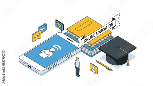 Online education and distance learning concept showing a smartphone with an instructor, books, graduation cap, and students in isometric view.