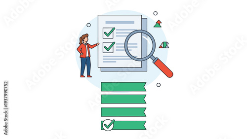 Project management and auditing process showing a woman pointing at a checklist with a magnifying glass and progress bars for task tracking.