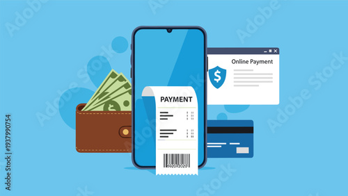 Mobile payment and digital transaction concept featuring a smartphone receipt alongside a wallet, credit card, and cash on blue background.