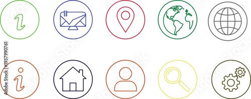 WebThin Line Web Icon Set Featuring Information Symbol Email Location Map Globe Home User Profile Magnifying Glass and Settings Gears for Minimalist Website Interface Design
