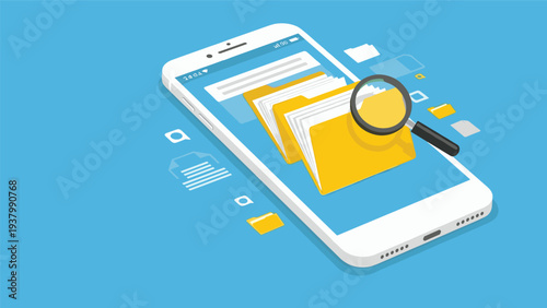 Mobile file management and digital search concept showing a smartphone with folders and documents being inspected by a large magnifying glass.