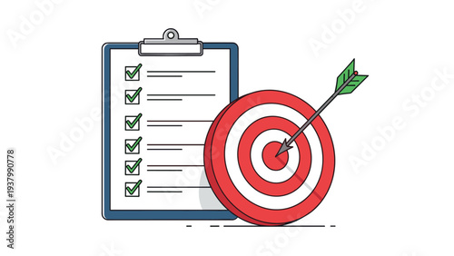 Goal achievement and task completion concept featuring a clipboard with a long checklist next to a target with an arrow in the bullseye.