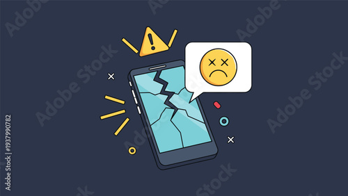 Hardware damage and device failure concept featuring a broken smartphone screen with a warning sign and a sad emoji on a dark background.