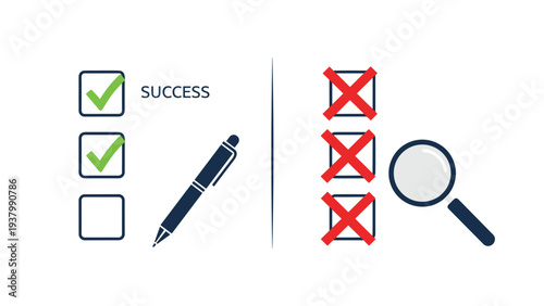 Comparison of professional results showing success with green checkmarks and pen versus failure with red crosses and magnifying glass.