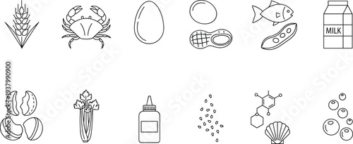 food allergen warning icons set gluten crustacean egg peanuts soya milk nuts celery mustard sesame shellfish lupins vector black outline illustration