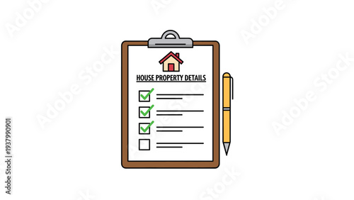 Detailed house property clipboard with checkboxes and pen represents real estate agreement or home inspection report.
