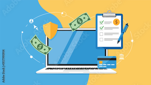 Secure online banking platform with laptop, floating money, and checklist signifies financial management and protection.