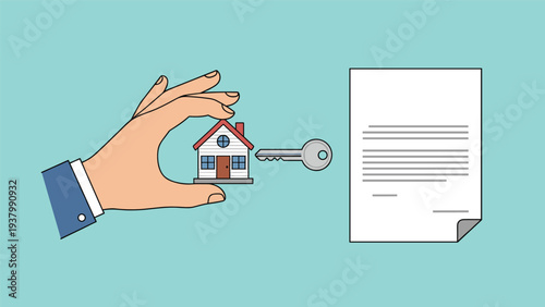 Real estate transaction involves hand holding small house and key next to legal document for property ownership transfer.