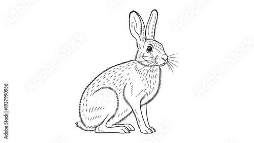 Hare Illustration: A detailed black and white illustration of a hare in a natural pose, showcasing its long ears and alert expression.