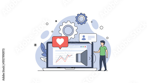 Social media analytics and digital marketing strategy shown on laptop screen with heart icons and growth charts.