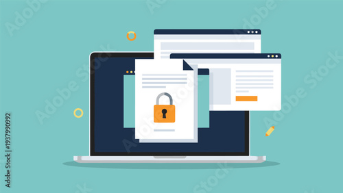 Laptop displaying several browser windows with locked document represents data encryption and digital privacy protection.