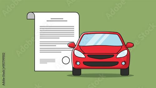 Car rental agreement or vehicle lease contract shown with red automobile in front of large official document with seal.