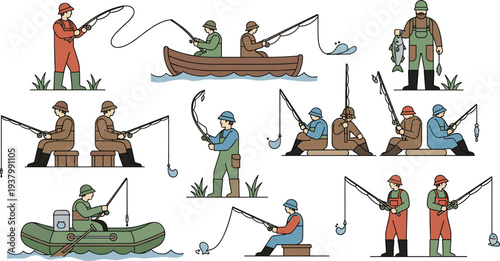 Professional vector collection of fishermen in various poses including fishing from boats, sitting on piers, standing with rods, and holding caught fish for outdoor recreation designs. (25 words)