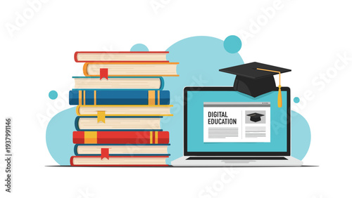 Online education and digital learning concept features stack of books next to laptop with graduation cap on screen.