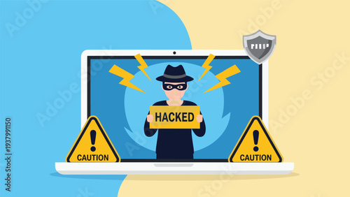 Computer hacking alert shows laptop screen with thief and caution signs for compromised security and data breach.