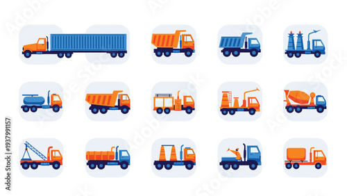 Diverse collection of heavy machinery and transport trucks in grid format represents construction industry and logistics.