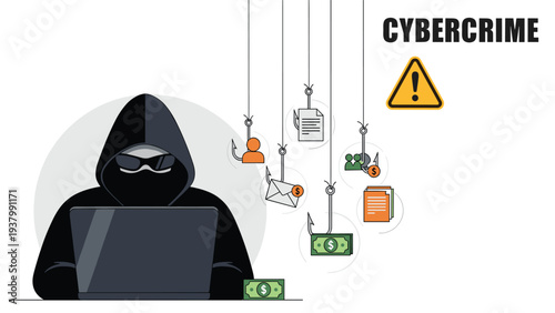 Cybercrime phishing attack shows hacker at laptop with fishing lines catching personal data, emails, and money.