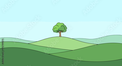 Single Tree on Green Hilltop Landscape.