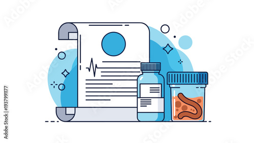 Medical laboratory report next to test tubes and samples represents clinical diagnosis and healthcare research services.
