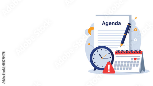 Business meeting agenda with clock, calendar, pen, and warning icon emphasizes importance of time management and planning.