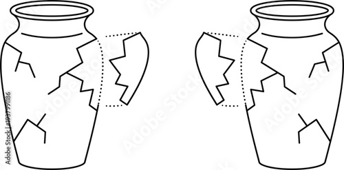 Broken vase repair concept cracked ceramic pottery restoration damaged jar fix vector illustration line icon set