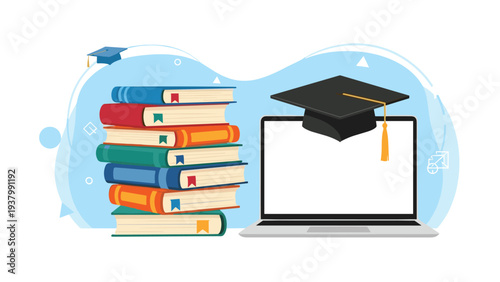 Digital learning and graduation concept with stack of books and laptop screen showing online educational certificate.