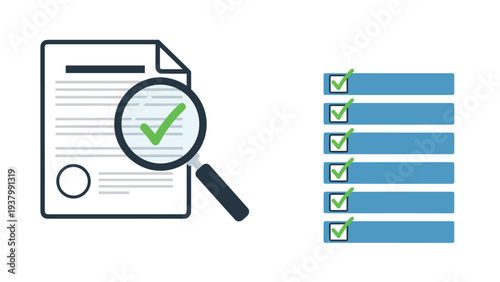 Quality control and document verification concept showing a magnifying glass over a document with a green checkmark and a list on the side.