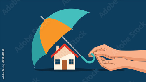 Home insurance and protection concept showing an umbrella being held over a small house model to provide safety from external risks.
