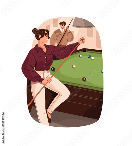 Friends play billiard together. Snooker player holds and chalks up tips of her cue. People have fun with balls and sticks on green cloth table. Flat isolated vector illustration on white background