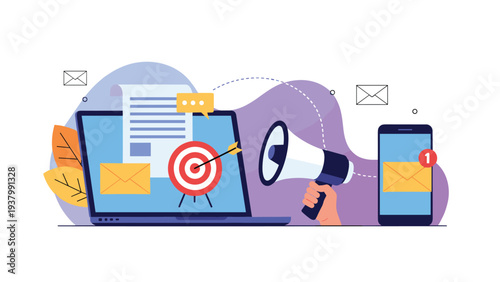 Digital marketing strategy concept featuring a laptop and mobile phone with megaphone and target symbols for business promotion and sales.