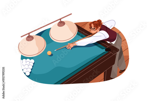 Billiard player aims and hits cue ball up on table. Girl plays snooker or pool. Athlete strikes with wooden stick. Sports game with pockets. Flat isolated vector illustration on white background