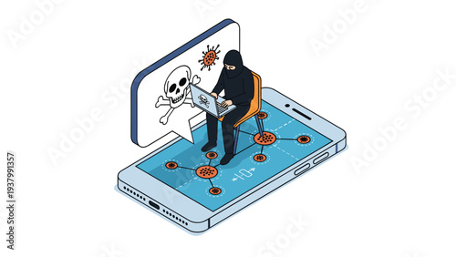 Cyber security and mobile threat concept featuring an isometric illustration of a hacker using a laptop on top of a smartphone screen.