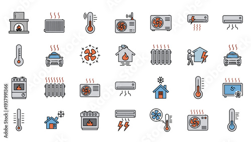 Collection of flat thin line icons representing various heating and cooling appliances for home climate control and temperature regulation.