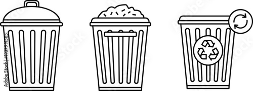 Trash Can and Recycling Bin Vector Icon Set with Outline Design Featuring Waste Management Symbols for Environmental Sustainability Garbage Disposal and Sanitation Service Elements