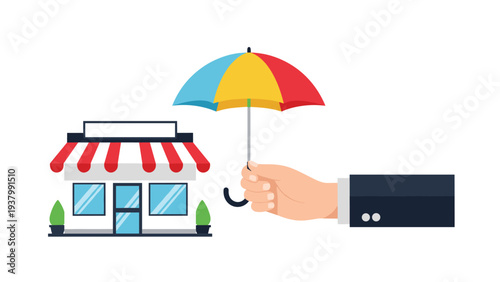 Small business protection and insurance concept with a hand holding a colorful umbrella over a store building to ensure its safety.