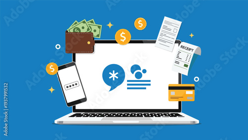 Secure online payment and digital finance concept showing a laptop surrounded by money, wallet, password, and receipt icons on blue.