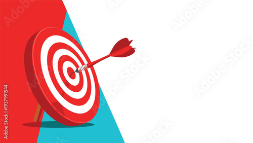 Accuracy and success concept featuring a red and white dart hitting the bullseye of a circular target against a split red and blue background.