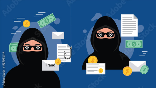 Digital data theft and phishing concept featuring two masked hackers using hooks to steal personal information, money, and emails.