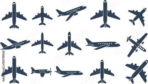 Plane icon collection vector aircraft pictogram set for aviation and travel design isolated on white