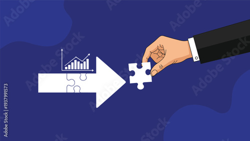 Strategic solution and business completion concept showing a hand placing a missing puzzle piece into a large white arrow with charts.