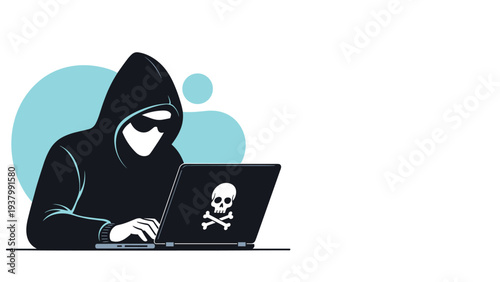 Cyber crime and malicious hacking concept featuring a masked hacker in a hoodie working on a laptop with a skull and crossbones icon.
