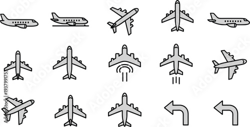 Airplane icon set vector pictogram collection with different flight directions isolated on white