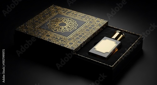 Elegant gold-embossed perfume box with bottle displayed on dark base