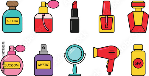 Cosmetics beauty product icons set perfume lipstick nail polish mirror hairdryer bottles makeup collection vector illustration