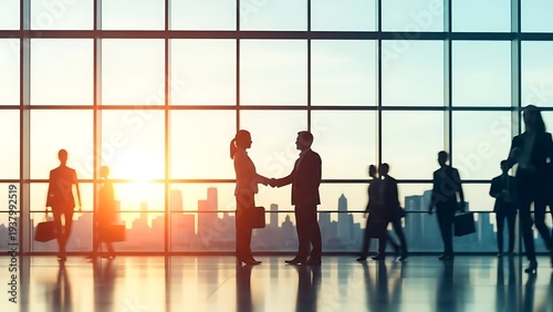 Business people shaking hands in modern office building with city skyline at sunset