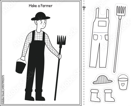 Farmer dress-up cut and glue game in black and white with a cute character. Educational farm activity page for kids in outline. Vector illustration