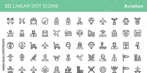 Large collection of fifty black linear dot icons featuring aviation themes including airplanes, helicopters, drones, parachutes, luggage, pilots, and airport navigation elements for travel designs.
