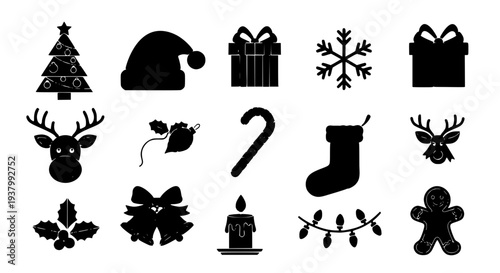 Holiday icons set with festive decorations and symbols featuring Christmas, winter, snowflake with gift and present